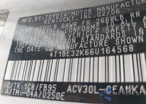 2006 Toyota Camry Le z USA, uszkodzony, nr VIN 4T1BE32K66U164568